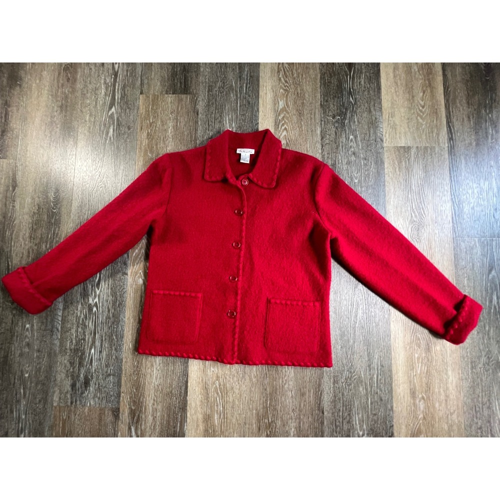Talbots Boiled Wool Jacket Women Small Red Scalloped Trim Button Front Coat